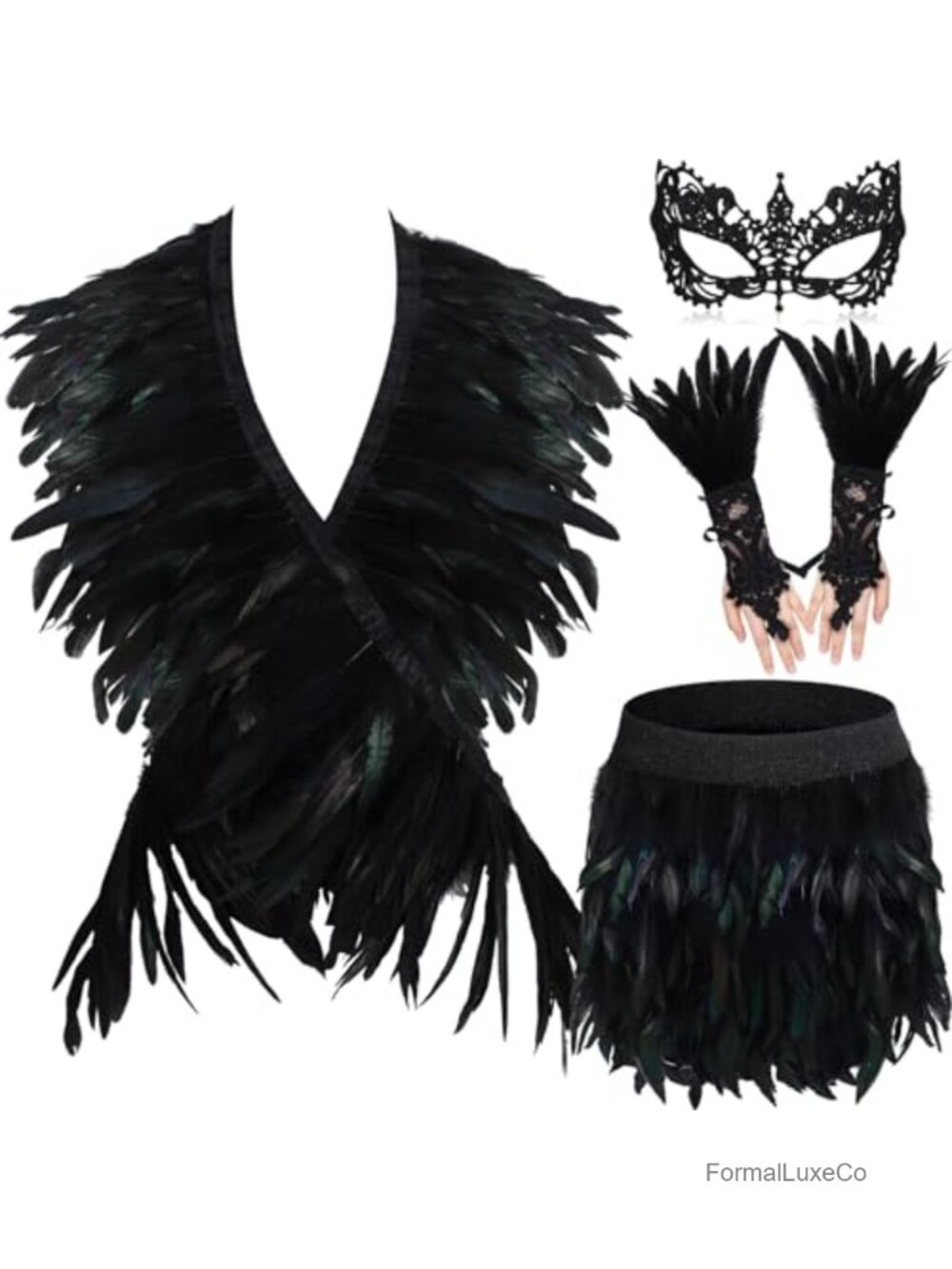 Feather Shawl Skirt Gloves Mask Set Halloween Costume Cosplay